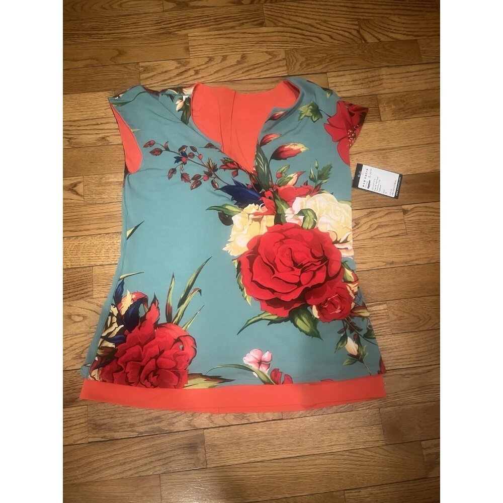 Cap Sly Slit Neck TurnOver Top Eva Varro Amanda Coral Shirt Medium